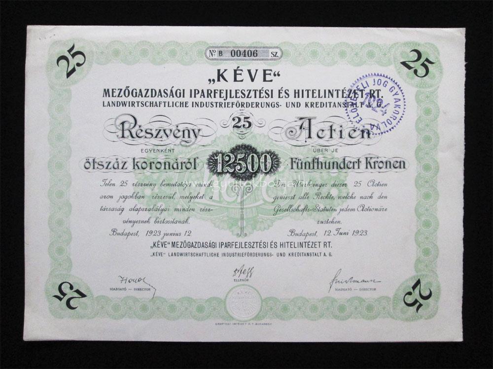 KÉVE Mezõgazdaság Iparfejlesztés Hitelintézet részvény 25x 1923